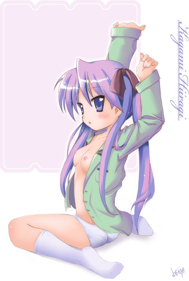 tomusooya, hiiragi kagami, lucky star, 00s, 1girl, blush, breasts, female focus, flat chest, kneeling, nipples, open clothes, open shirt, pajamas, panties, shirt, small breasts, solo, underwear