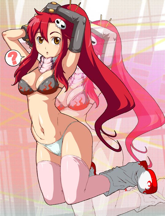 caryo, tabigarasu, yoko littner, tengen toppa gurren lagann, 00s, 1girl, ?, armpits, bikini, bikini top only, female focus, narrow waist, navel, panties, solo, swimsuit, thighhighs, underwear, zoom layer