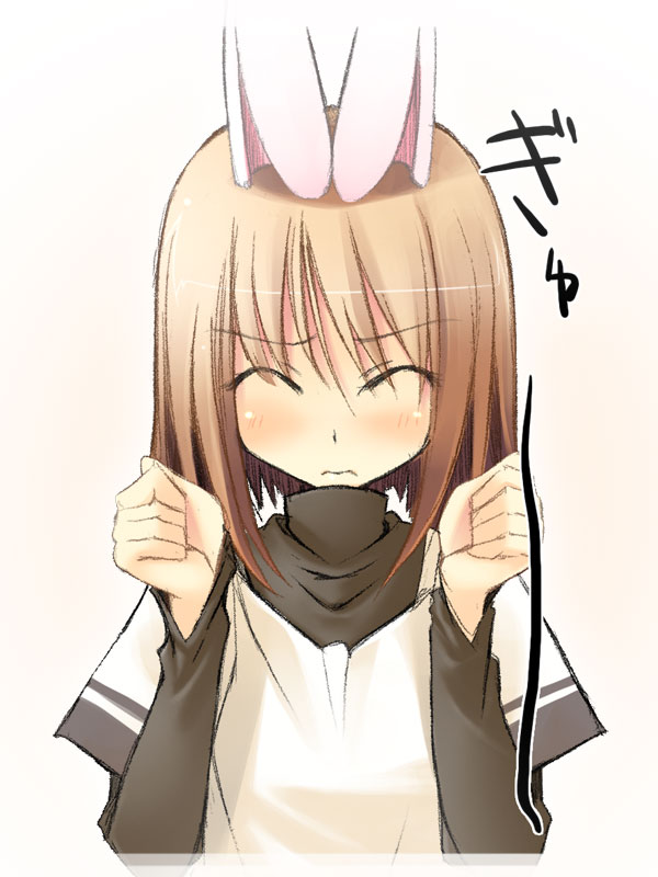 jirou (chekoro), u-tan, original, > <, 1girl, animal ears, clenched hands, closed eyes, female focus, rabbit ears, solo