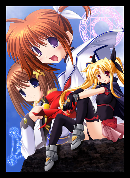 ketsushiro shin, yuki shin, fate testarossa, fate testarossa (lightning form), takamachi nanoha, yagami hayate, lyrical nanoha, mahou shoujo lyrical nanoha, mahou shoujo lyrical nanoha a's, 00s, 3girls, arm belt, belt, blonde hair, blue eyes, bow, brown hair, cape, fingerless gloves, gloves, hair ornament, jacket, magic circle, magical girl, multiple girls, open clothes, open jacket, panties, pantyshot, purple eyes, red bow, red eyes, red hair, sitting, thighhighs, twintails, underwear, x hair ornament