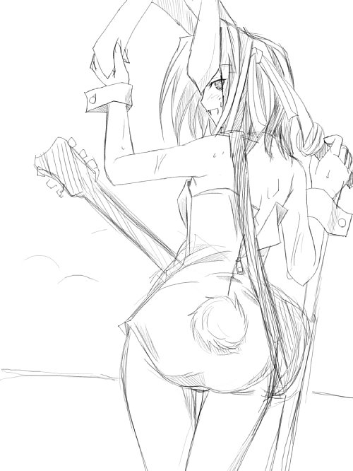 ribi, suzumiya haruhi, suzumiya haruhi no yuuutsu, 00s, 1girl, animal ears, bare legs, fake animal ears, female focus, greyscale, guitar, instrument, leotard, monochrome, playboy bunny, rabbit ears, sketch, solo