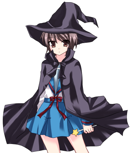 nagato yuki, suzumiya haruhi no yuuutsu, lowres, 00s, cape, hat, school uniform, serafuku, solo, witch hat