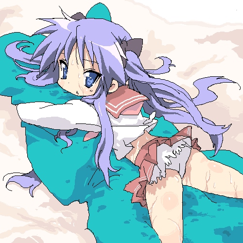 sanada taketo, hiiragi kagami, lucky star, lowres, 00s, oekaki, panties, pantyshot, school uniform, serafuku, solo, underwear