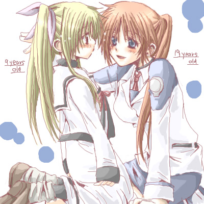 aihara (keitora), fate testarossa, takamachi nanoha, lyrical nanoha, mahou shoujo lyrical nanoha, mahou shoujo lyrical nanoha strikers, bad id, bad pixiv id, lowres, 00s, 2girls, blonde hair, blush, brown hair, eye contact, looking at another, multiple girls, pantyhose, thighhighs, time paradox
