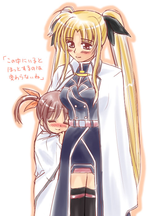 fate testarossa, fate testarossa (impulse form), takamachi nanoha, lyrical nanoha, mahou shoujo lyrical nanoha, mahou shoujo lyrical nanoha strikers, uniform, 00s, 2girls, :d, blonde hair, closed eyes, cowboy shot, dress, height difference, hug, lab coat, long hair, long sleeves, multiple girls, open mouth, red eyes, short hair, sidelocks, simple background, smile, standing, thighhighs, time paradox, twintails, white background, white dress, zettai ryouiki