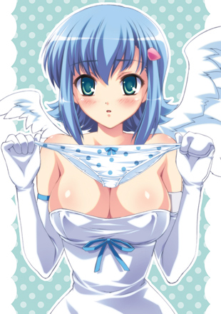 ena roseo, angel of light nanael, nanael (queen's blade), queen's blade, lowres, 00s, 1girl, :o, angel wings, asymmetrical wings, blue hair, blush, bow, bow panties, breasts, cleavage, elbow gloves, female focus, gloves, green eyes, hair ornament, holding, holding panties, holding underwear, holding unworn clothes, large breasts, panties, polka dot, polka dot panties, solo, underwear, white panties, wings