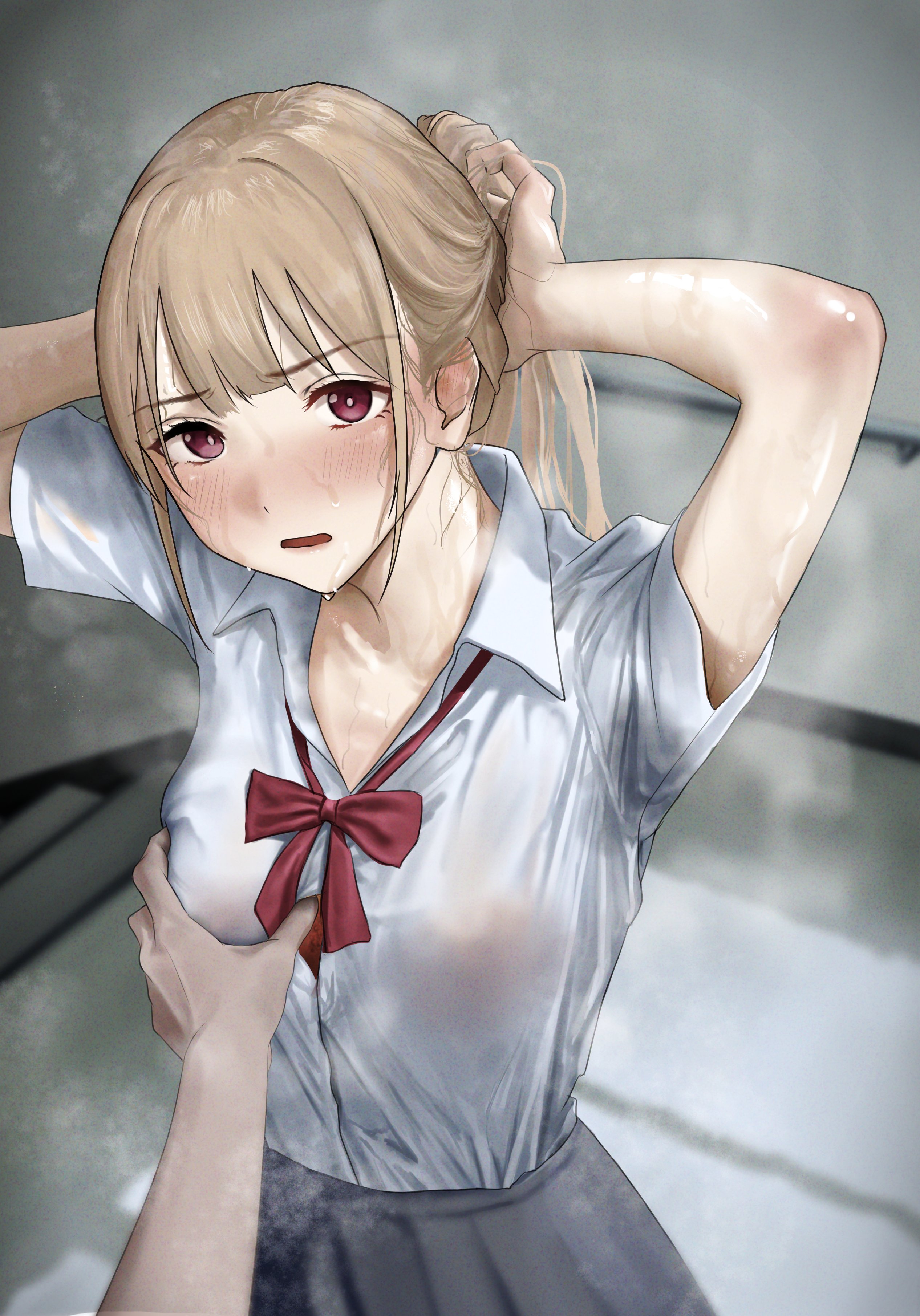 out type (outtypeex), original, absurdres, highres, 1girl, arms up, blonde hair, blush, breasts, collared shirt, embarrassed, grey skirt, groping, long hair, looking at viewer, red eyes, red ribbon, ribbon, school uniform, shirt, short sleeves, skirt, smell, stairs, stairwell, steaming body, sweat, sweat stain, sweatdrop, sweaty clothes, tying hair, white shirt