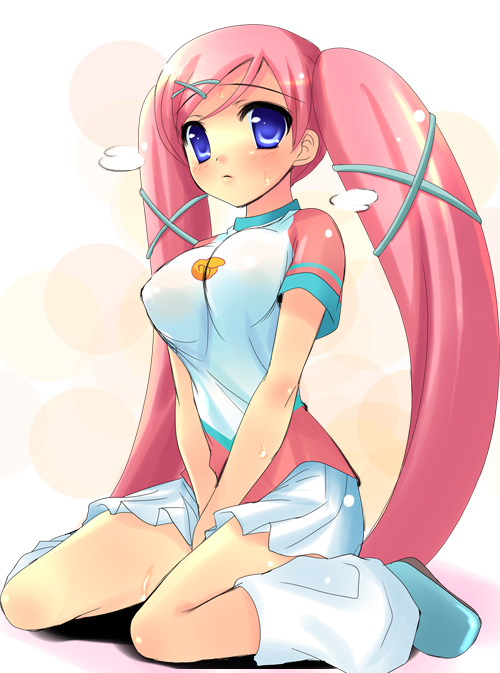 yukizuki chikuba, akai maho, doki doki majo shinpan, 1girl, blue eyes, dress, female focus, kneeling, long hair, pink hair, solo, twintails, very long hair, witch