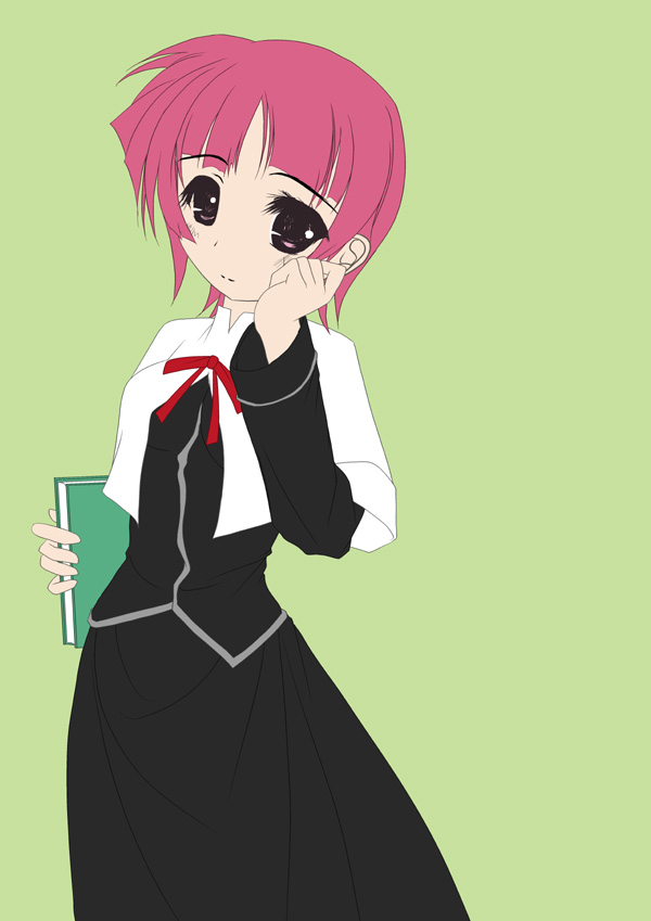 frapowa, schach nouera, lyrical nanoha, mahou shoujo lyrical nanoha, mahou shoujo lyrical nanoha strikers, 00s, 1girl, black dress, blush, book, cowboy shot, dress, female focus, green background, head tilt, holding, holding book, long sleeves, looking at viewer, nun, pink hair, purple eyes, short hair, simple background, smile, solo, traditional nun