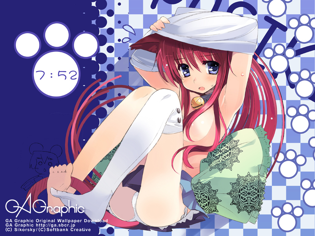 sikorsky, gagraphic, animal ears, asymmetrical clothes, barefoot, breasts, cat ears, cat tail, feet, leash, nipples, panties, pantyshot, single thighhigh, skirt, soles, solo, tail, thighhighs, toes, underwear, undressing
