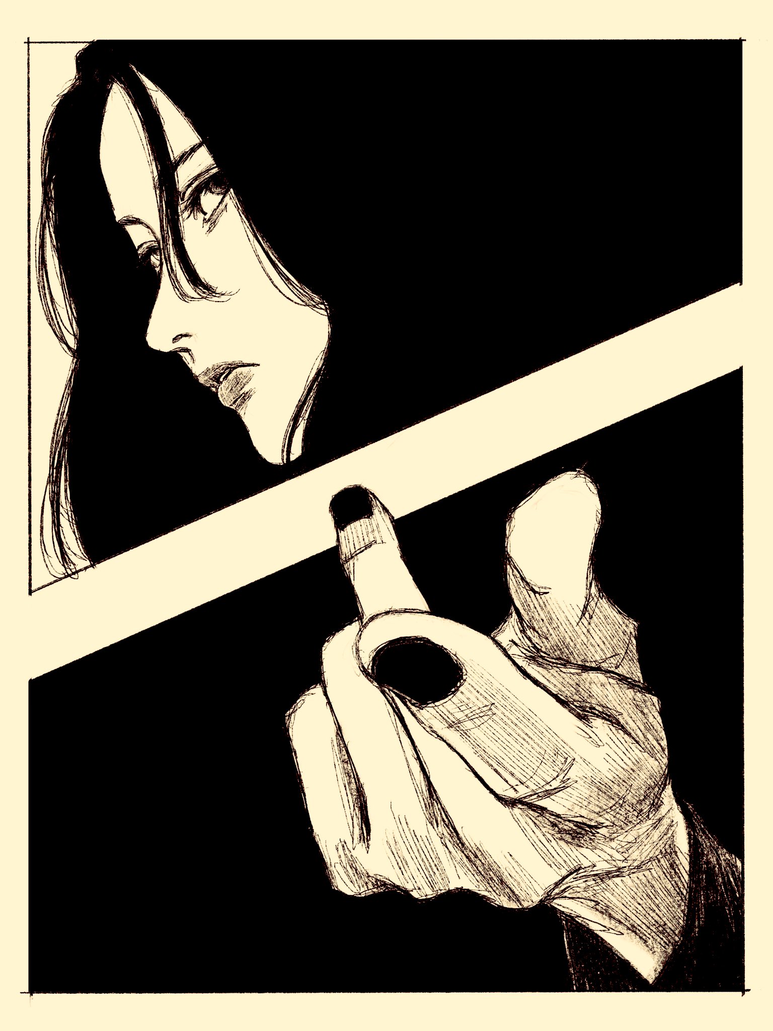 tp p pt, original, highres, 1girl, beckoning, black hair, from side, greyscale, long hair, looking at viewer, monochrome, pointing, pointing at viewer, solo, white background