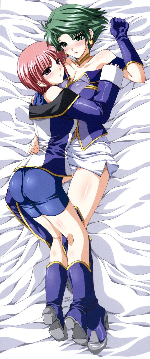 shinano yura, aya kobayashi, mai kobayashi, banpresto, super robot wars, highres, scan, 2girls, age difference, arm up, ass, bare shoulders, bed, bed sheet, between thighs, bike shorts, blush, body blush, boots, breasts, choker, cleavage, clothes lift, earrings, elbow gloves, embarrassed, flat chest, from above, gloves, green eyes, green hair, halterneck, high heels, hug, jewelry, knee boots, kneepits, large breasts, lipstick, looking at viewer, lying, makeup, mature female, miniskirt, multiple girls, off shoulder, on back, on side, panties, pantyshot, parted bangs, purple eyes, shiny clothes, shoes, short hair, siblings, side slit, sidelocks, sisters, skirt, skirt lift, spandex, spread legs, thigh boots, thighhighs, underwear, white panties, yuri