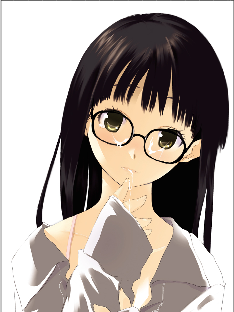 otomo megane, original, 1girl, black hair, cum, cum in mouth, cum on eyewear, cum string, female focus, glasses, solo