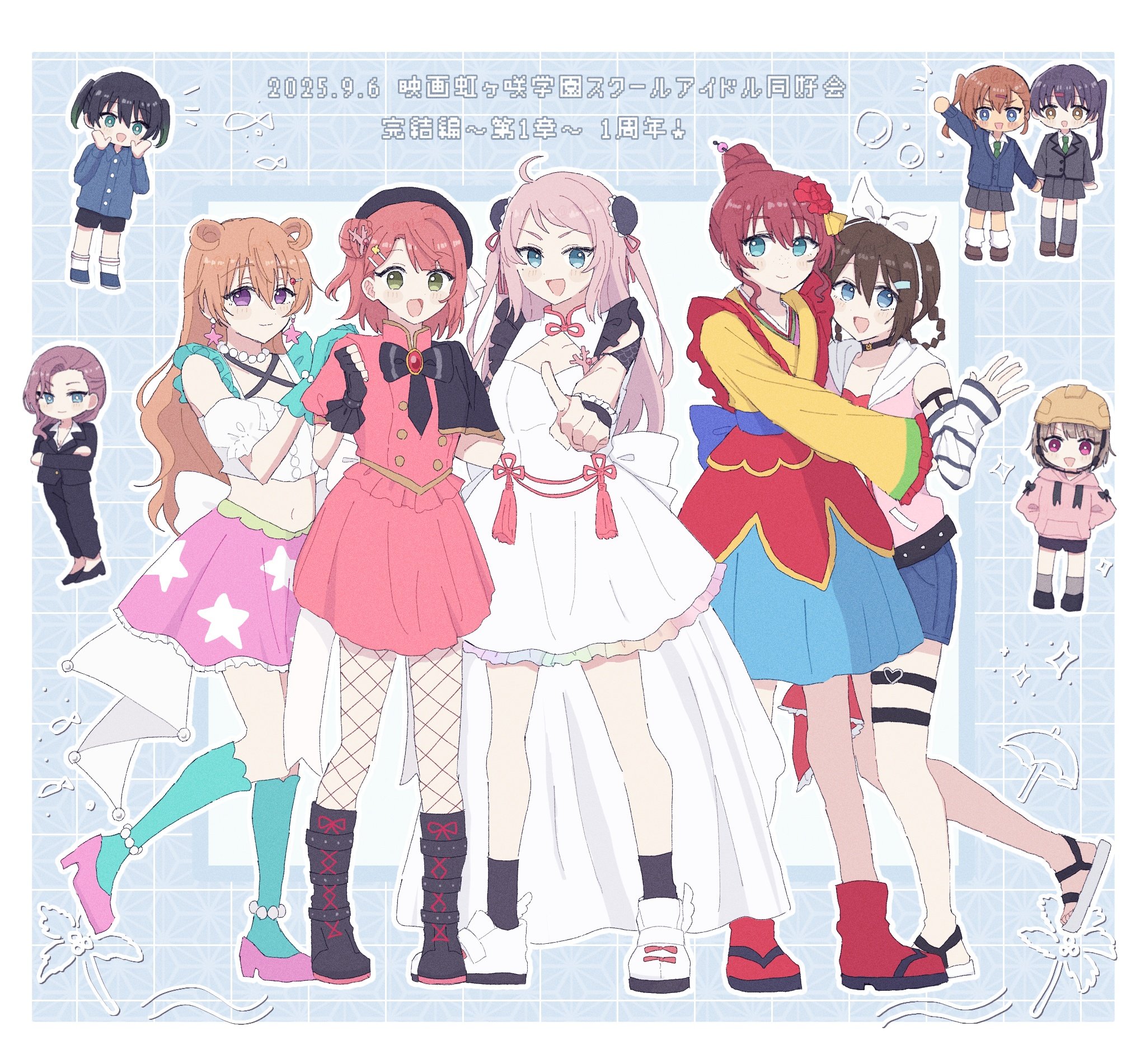 ng pst, akamine ten, emma verde, ishimine koito, konoe kanata, nakasu kasumi, osaka shizuku, takasaki yu, uehara ayumu, zhong lanzhu, zhong lanzhu's mother, love live!, love live! nijigasaki high school idol club, love live! nijigasaki high school idol club the movie – finale, commentary request, highres, 6+girls, :d, aqua gloves, aqua socks, bikini, black boots, black bow, black bowtie, black gloves, black hair, black jacket, black pants, black shoes, black shorts, black socks, blue background, blue cardigan, blue eyes, blue shirt, blue shorts, blue skirt, boots, bow, bowtie, brown hair, brown shoes, buttons, cara tesoro, cardigan, closed mouth, collared shirt, coral hair ornament, cropped shirt, daydream mermaid, detached sleeves, double-breasted, dress, fingerless gloves, fishnet pantyhose, fishnets, frilled dress, frilled gloves, frilled jacket, frills, full body, gloves, green eyes, green necktie, grey jacket, grey skirt, grey socks, hair between eyes, hair bun, hair horns, hair ornament, hand on another's back, hand on another's shoulder, hard hat, helmet, high heels, hood, hoodie, index finger raised, jacket, japanese clothes, kimono, kneehighs, long hair, long sleeves, looking at viewer, loose socks, miniskirt, multiple girls, navel, necktie, official alternate costume, official alternate hairstyle, open clothes, open collar, open jacket, open mouth, pants, pantyhose, phoenix (love live!), pink eyes, pink hoodie, pink jacket, pink shoes, pink skirt, pleated skirt, puffy short sleeves, puffy sleeves, purple eyes, red bikini, red boots, rise up high! (love live!), sandals, school uniform, shirt, shoes, short dress, short hair, short sleeves, shorts, shouting with hands, single hair bun, single side bun, skirt, skirt set, sleeveless, sleeveless dress, sleeveless jacket, sleeveless shirt, sleeves past wrists, smile, socks, split mouth, stellar stream (love live!), suit jacket, swimsuit, twintails, white arm warmers, white dress, white sandals, white shirt, white shoes, yellow helmet, yellow kimono
