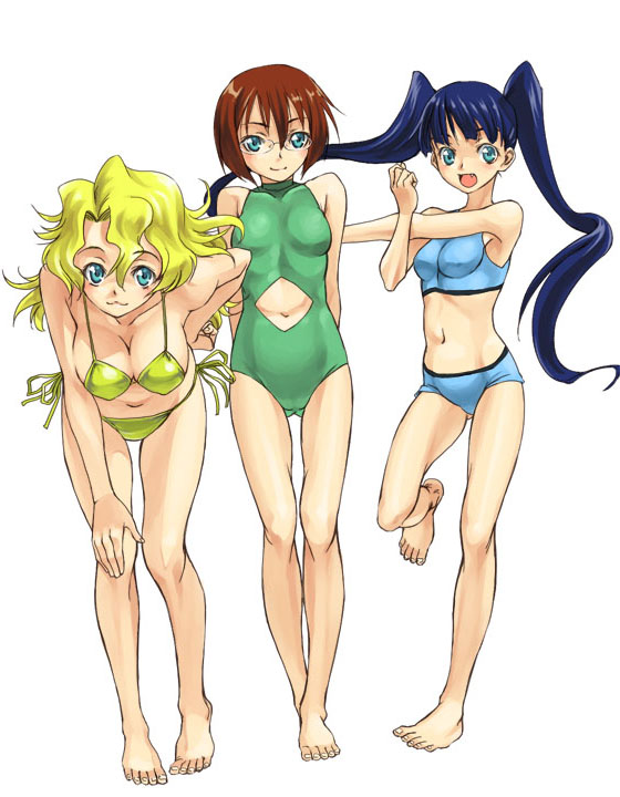 satou atsuki, kinon bachika, kiyal bachika, kiyoh bachika, tengen toppa gurren lagann, 00s, 3girls, :3, aqua eyes, barefoot, bent over, bikini, blonde hair, blue eyes, blue hair, breasts, brown hair, cleavage, fang, feet, glasses, large breasts, long hair, medium breasts, midriff, multiple girls, short hair, siblings, side-tie bikini bottom, sisters, swimsuit, twintails