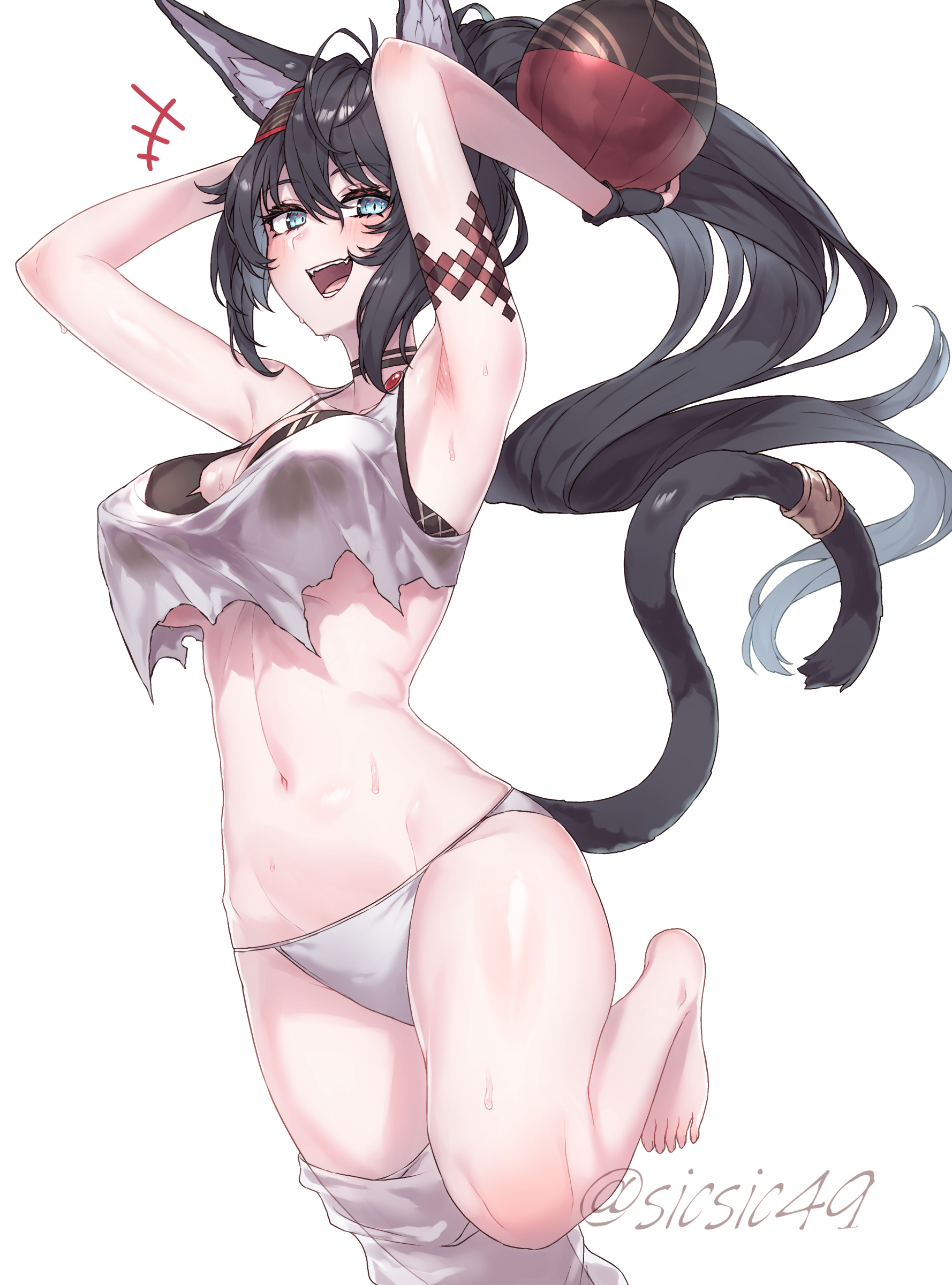 sicsic49, blaze (arknights), arknights, absurdres, commentary request, highres, +++, 1girl, animal ear fluff, animal ears, armpits, arms behind head, arms up, ball, bare arms, bare shoulders, barefoot, bikini, black bikini, black gloves, black hair, blue eyes, blush, breasts, cat ears, cat girl, cat tail, cleavage, covered erect nipples, cowboy shot, eyelashes, feet, fingerless gloves, from below, gloves, hair between eyes, hair ornament, hairclip, high ponytail, holding, holding ball, long hair, looking at viewer, looking down, mismatched bikini, navel, open mouth, ponytail, shirt, sidelocks, simple background, sleeveless, sleeveless shirt, smile, solo, stomach, sweat, sweatdrop, swimsuit, tail, tail ornament, thighs, twitter username, underboob, white background, white bikini, white shirt