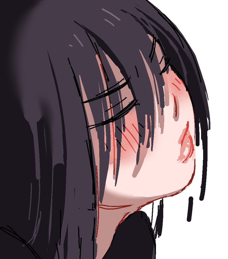 popisya, original, aliasing, 1girl, 2024, black hair, blush, close-up, closed eyes, closed mouth, embarrassed, frown, hair over eyes, hikikomori, light frown, lips, long bangs, medium hair, portrait, puffy lips, solo, thick lips, waiting, waiting for kiss, white background