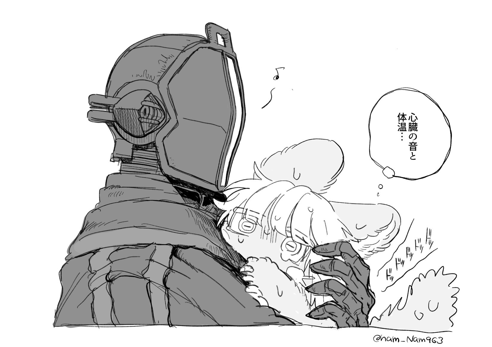 nam nam963, bondrewd, nanachi (made in abyss), made in abyss, commentary request, highres, translation request, 1boy, animal ears, greyscale, helmet, hug, masked, monochrome, musical note, narehate, short hair, sweatdrop, tail, upper body