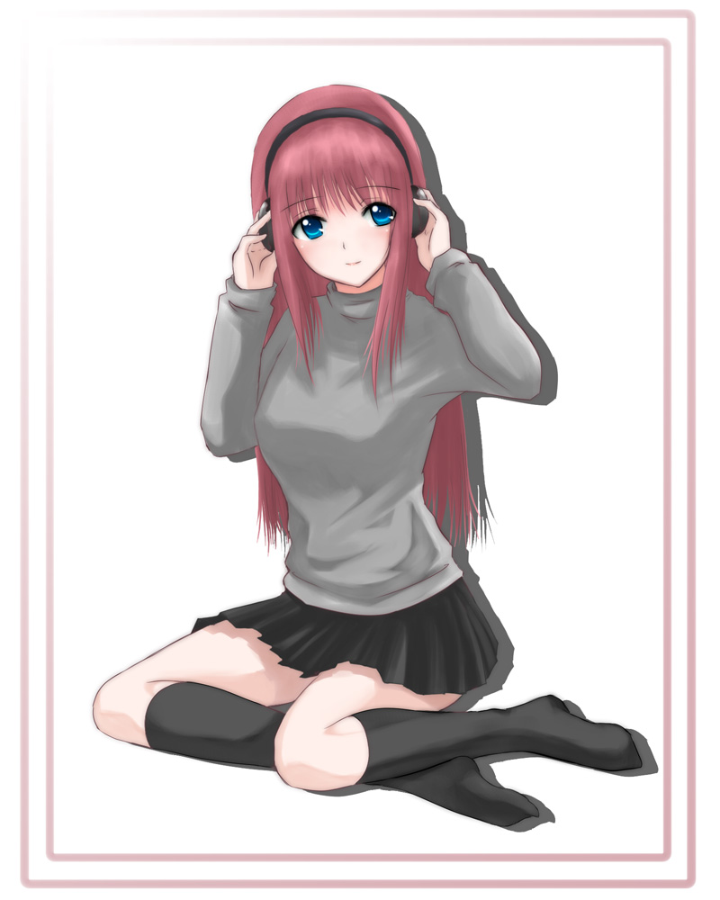 shima-shuu, original, 1girl, black socks, blue eyes, blush, female focus, headphones, kneehighs, miniskirt, pink hair, simple background, skirt, smile, socks, solo, sweater, turtleneck