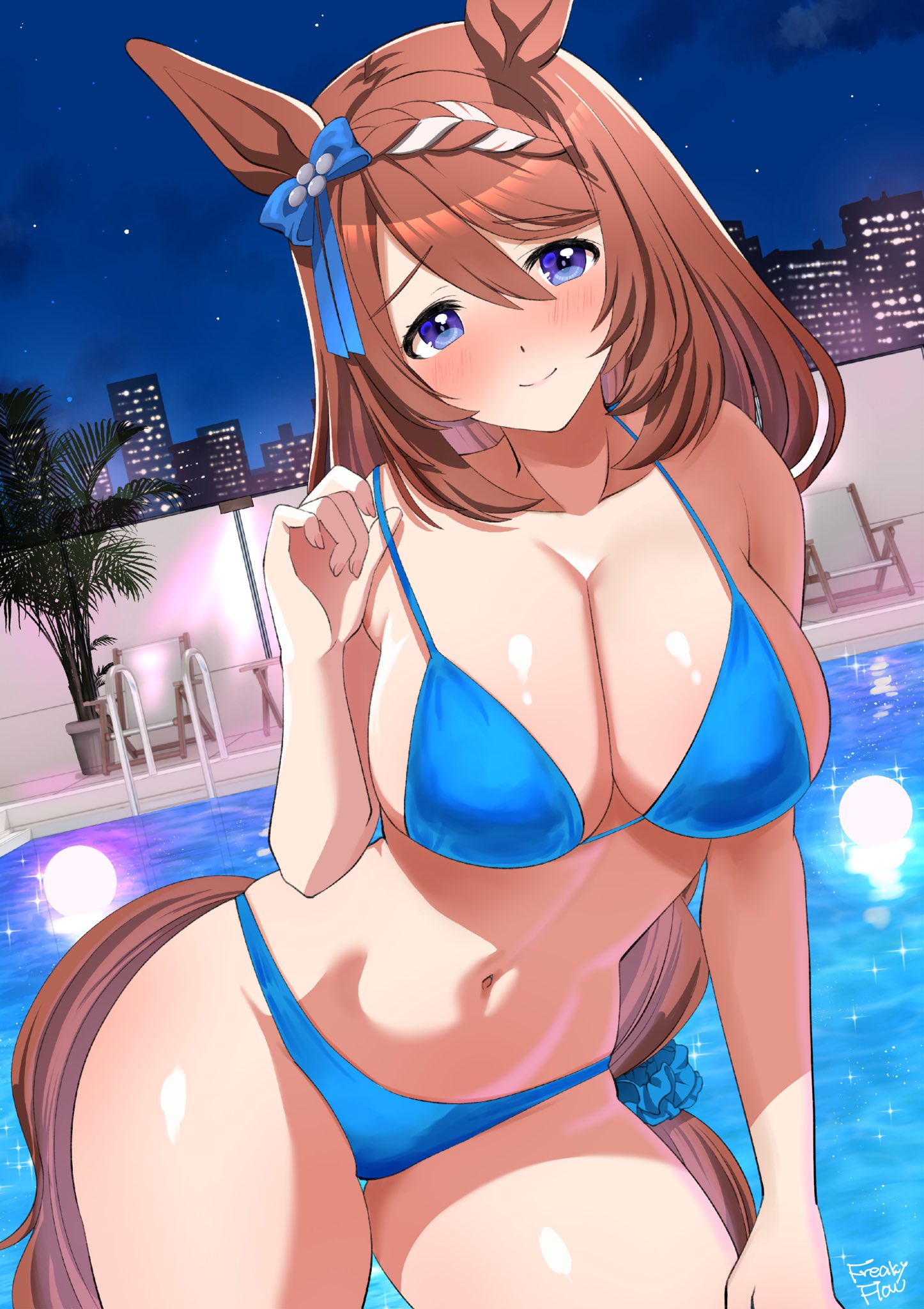 narumi yuzurai, super creek (umamusume), umamusume, highres, 1girl, animal ears, bikini, blue bikini, blue eyes, blush, braid, breasts, brown hair, horse ears, horse girl, horse tail, large breasts, navel, pool, smile, solo, swimsuit, tail