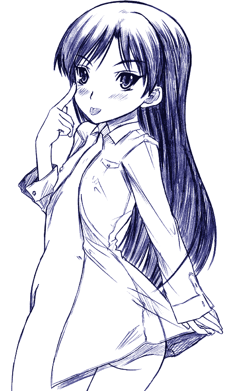 chikuwa (artist), chikuwa (tikuwa), kisaragi chihaya, idolmaster, idolmaster (classic), idolmaster 1, 00s, 1girl, ass, blush, female focus, from behind, long hair, monochrome, naked shirt, purple theme, shirt, solo, tongue