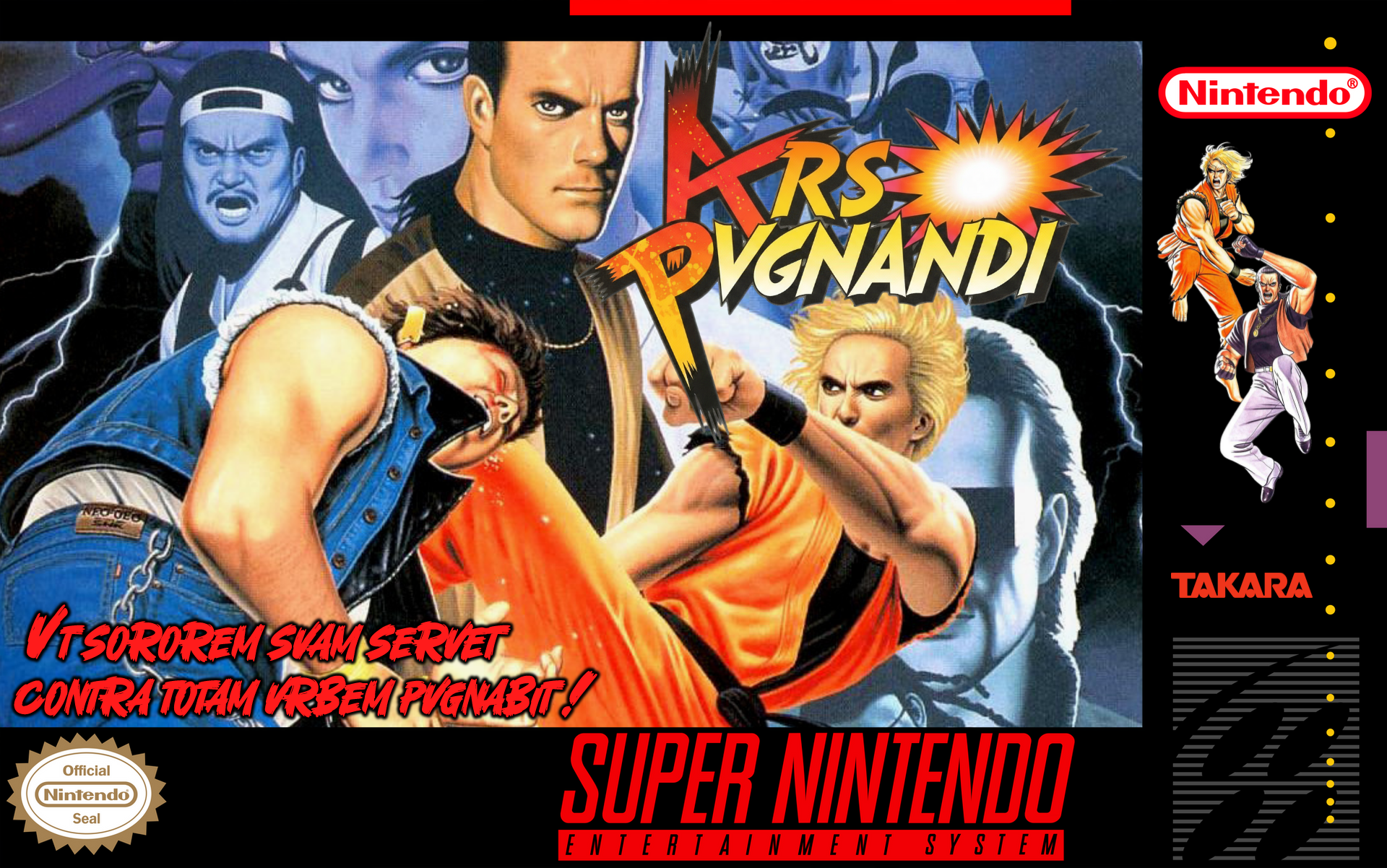 mori toshiaki, jack turner, john crawley, king (snk), robert garcia, sakazaki ryo, ryuuko no ken, third-party edit, 1girl, 6+boys, blonde hair, dougi, fighting, game console, karate gi, kicking, latin text, multiple boys, super nintendo, todoh ryuhaku, video game