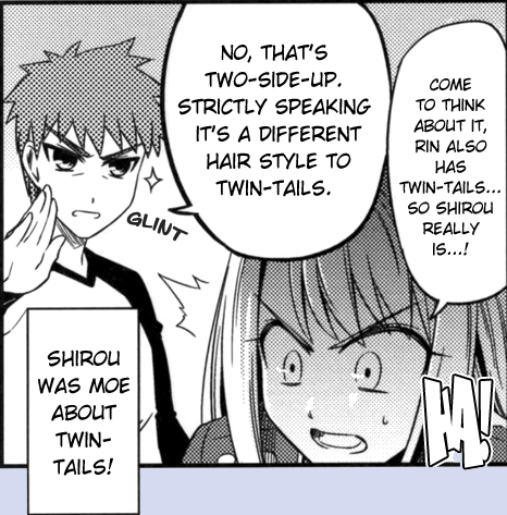 emiya shirou, illyasviel von einzbern, fate/stay night, fate (series), hard-translated, lowres, third-party edit, 00s, 1boy, 1girl, blue theme, english text, moe (phrase), monochrome, purple theme, speech bubble, twintails