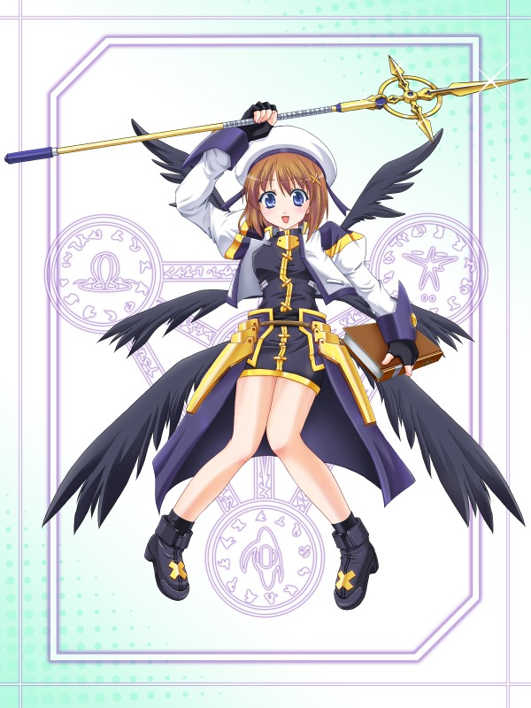 murasaki atsushi, schwertkreuz, tome of the night sky, yagami hayate, lyrical nanoha, mahou shoujo lyrical nanoha, mahou shoujo lyrical nanoha strikers, 00s, 1girl, black wings, blue eyes, blush, book, boots, brown hair, female focus, fingerless gloves, gloves, hair ornament, hat, jacket, magical girl, open clothes, open jacket, open mouth, short hair, skirt, smile, solo, staff, waist cape, wings, x hair ornament