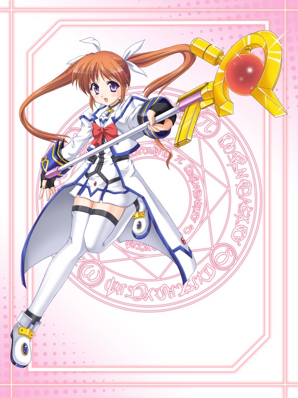 murasaki atsushi, raising heart, raising heart (accel mode), takamachi nanoha, takamachi nanoha (aggressor mode), lyrical nanoha, mahou shoujo lyrical nanoha, mahou shoujo lyrical nanoha strikers, 00s, 1girl, blush, bow, brown hair, female focus, fingerless gloves, gloves, long hair, magazine (weapon), magic circle, magical girl, octagram, open mouth, purple eyes, red bow, red hair, skirt, smile, solo, thighhighs, twintails, waist cape, zettai ryouiki