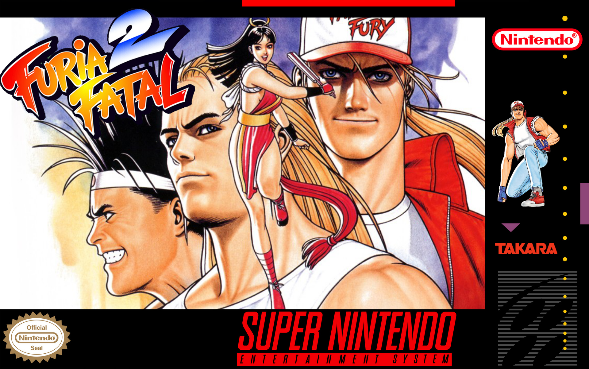 mori toshiaki, andy bogard, joe higashi, shiranui mai, terry bogard, fatal fury, fatal fury 2, third-party edit, 1girl, 3boys, bandana, bare shoulders, baseball cap, blonde hair, blue eyes, blue jeans, breasts, converse shoes, game console, hat, headband, long hair, multiple boys, ponytail, sideboob, spanish text, super nintendo, video game