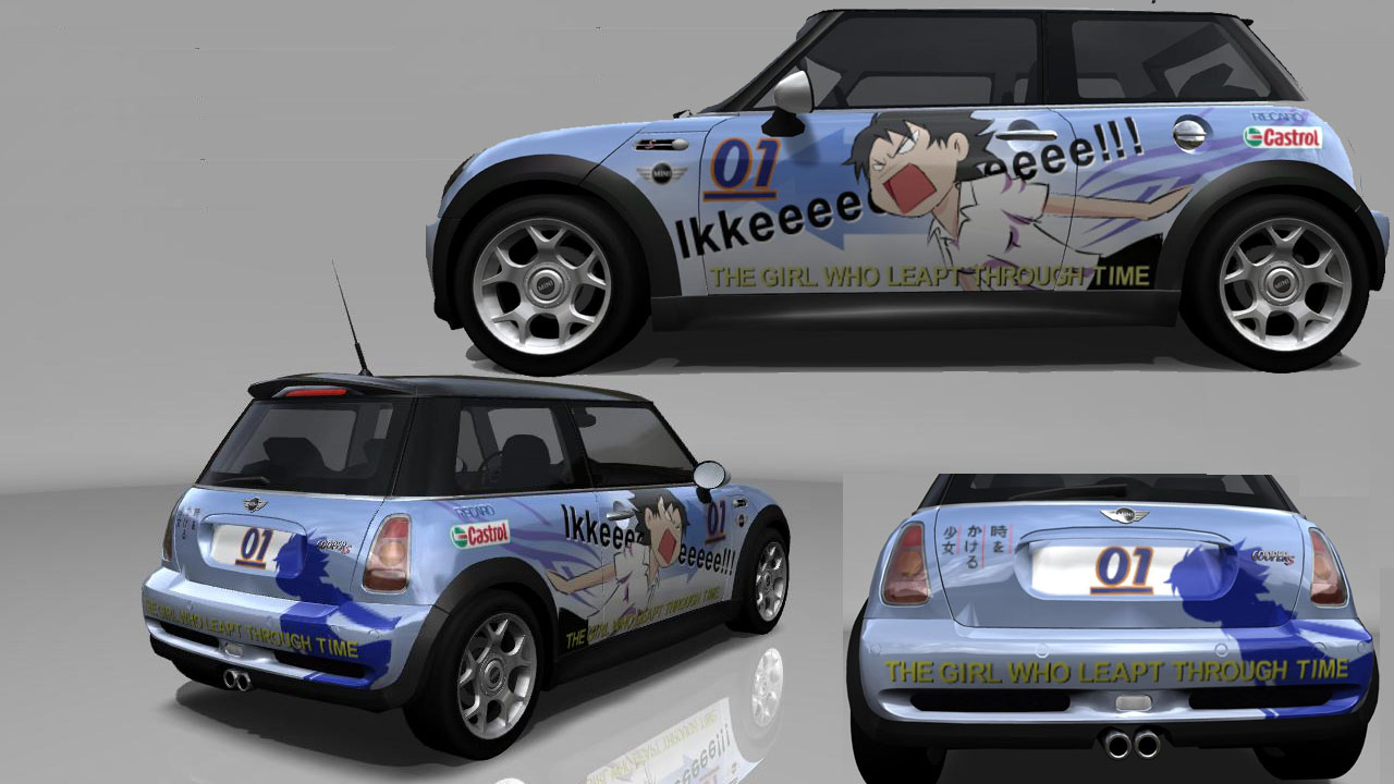 cooper, forza, mini cooper, toki wo kakeru shoujo, 00s, car, left-hand drive, motor vehicle, no humans, vehicle focus