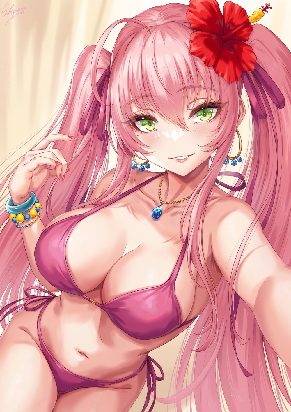 sakiyamama, original, highres, 1girl, bikini, blush, bracelet, breasts, cleavage, collarbone, earrings, flower, green eyes, hair flower, hair ornament, jewelry, large breasts, looking at viewer, mole, mole under eye, navel, necklace, parted lips, pink bikini, pink hair, solo, swimsuit