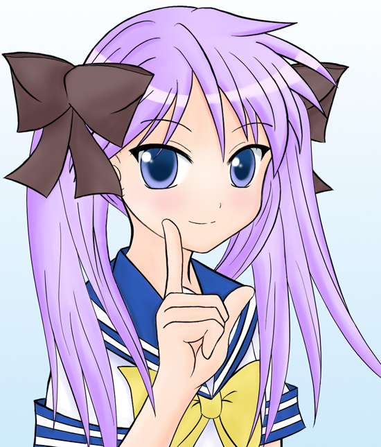 nanami tabasa, hiiragi kagami, lucky star, 00s, 1girl, bow, female focus, hair bow, hair ribbon, pointing, pointing up, purple eyes, purple hair, ribbon, school uniform, serafuku, solo, twintails, upper body