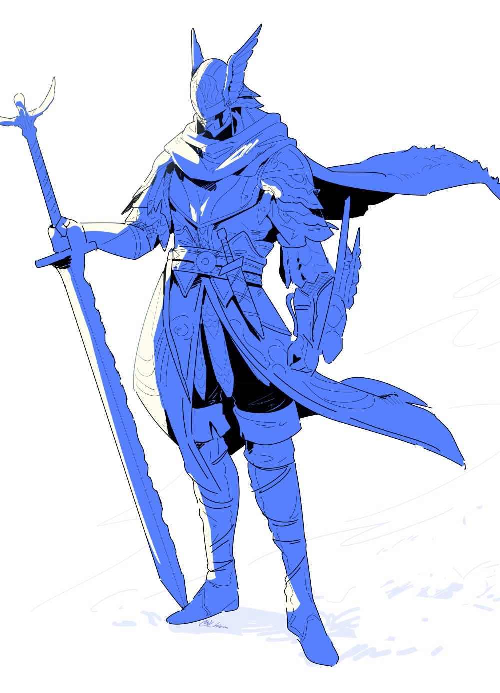 kirin62, wylder (elden ring), elden ring, elden ring nightreign, highres, 1boy, arm mounted weapon, armor, belt, blue theme, boots, breastplate, cape, covered face, dagger, full body, helm, helmet, holding, holding sword, holding weapon, knife, male focus, monochrome, pants, pauldrons, reverse grip, scarf, sheath, sheathed, shoulder armor, simple background, solo, sword, tunic, weapon, winged helmet