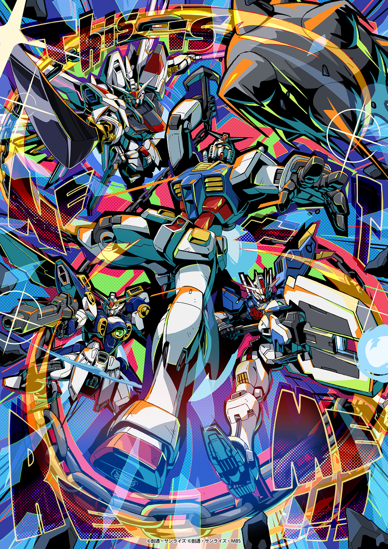 gundam aerial rebuild, mighty strike freedom gundam, rx-78-2 gundam, wing gundam, gundam, gundam extreme vs. 2, highres, key visual, official art, promotional art, aiming, ball and chain (weapon), beam rifle, energy gun, energy sword, flail, green eyes, holding, holding flail, holding sword, holding weapon, katana, looking at viewer, mecha, no humans, pointing melee weapon, pointing sword, robot, spike ball, sword, weapon, yellow eyes
