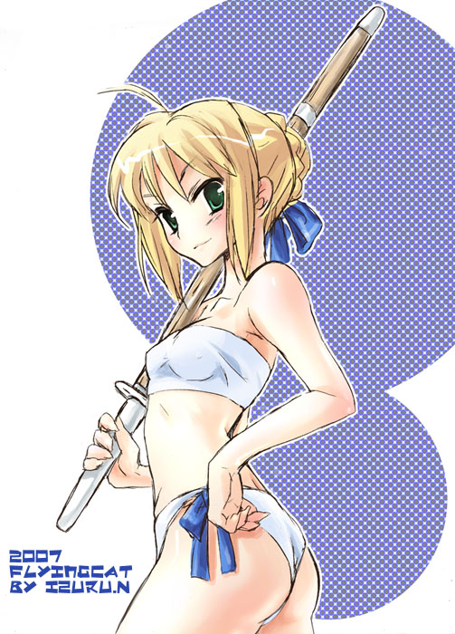 nekou izuru, artoria pendragon (fate), saber (fate), fate/stay night, fate (series), 00s, 1girl, ahoge, bikini, blonde hair, female focus, green eyes, shinai, solo, swimsuit, sword, weapon