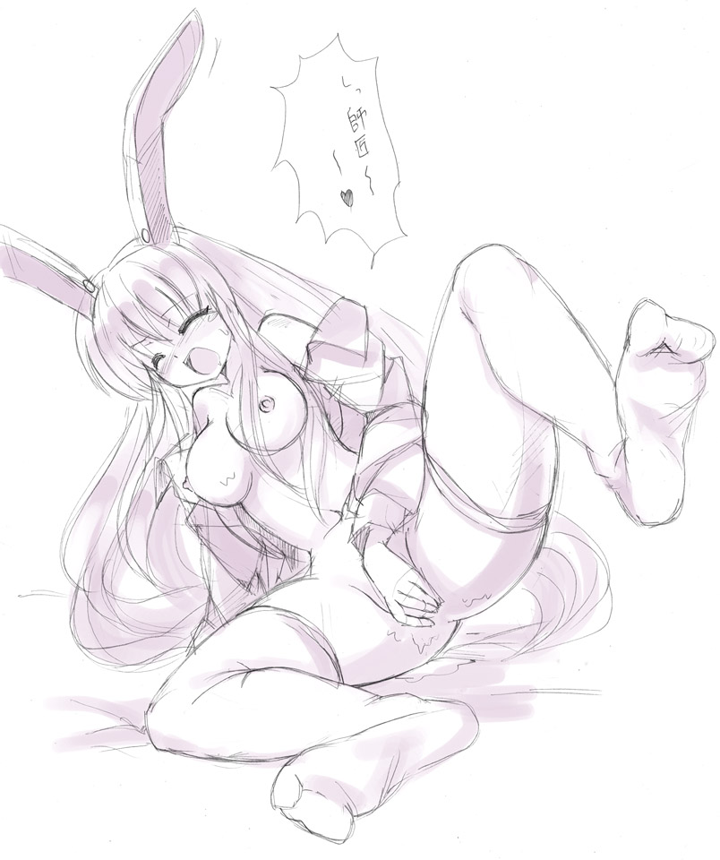 seo tatsuya, reisen udongein inaba, touhou, 1girl, animal ears, breasts, female focus, female masturbation, masturbation, medium breasts, monochrome, nipples, rabbit ears, sketch, solo, spread legs, thighhighs