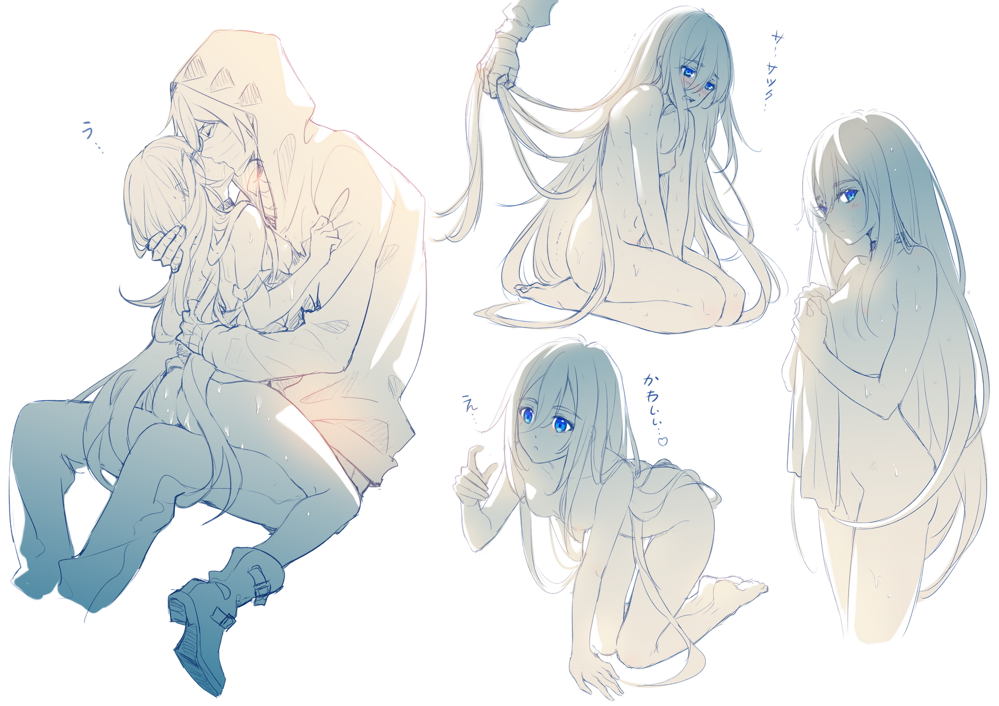 tidsean, isaac foster, rachel gardner, satsuriku no tenshi, highres, translation request, 1boy, 1girl, ankle boots, blue eyes, blush, boots, breasts, clothed male nude female, hetero, holding another's hair, hood, hood up, hoodie, kiss, kneeling, long hair, multiple views, nude, pants, simple background, sitting, sitting on lap, sitting on person, small breasts, spot color, very long hair, white background