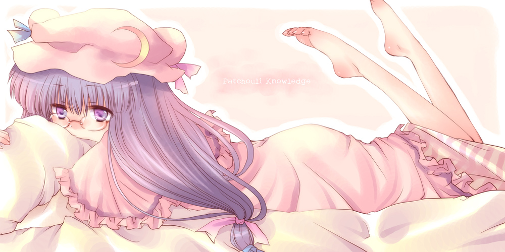 kokono coco, patchouli knowledge, touhou, 1girl, barefoot, bed, bespectacled, crescent, female focus, glasses, hat, long hair, low-tied long hair, lying, purple eyes, purple hair, solo
