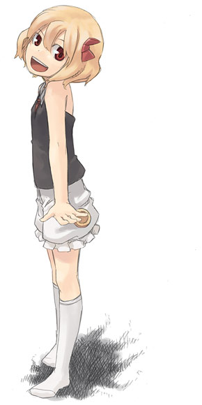 itsutsu, rumia, embodiment of scarlet devil, touhou, 1girl, blonde hair, bloomers, casual, female focus, hair ribbon, open mouth, red eyes, ribbon, short hair, solo, underwear, white bloomers