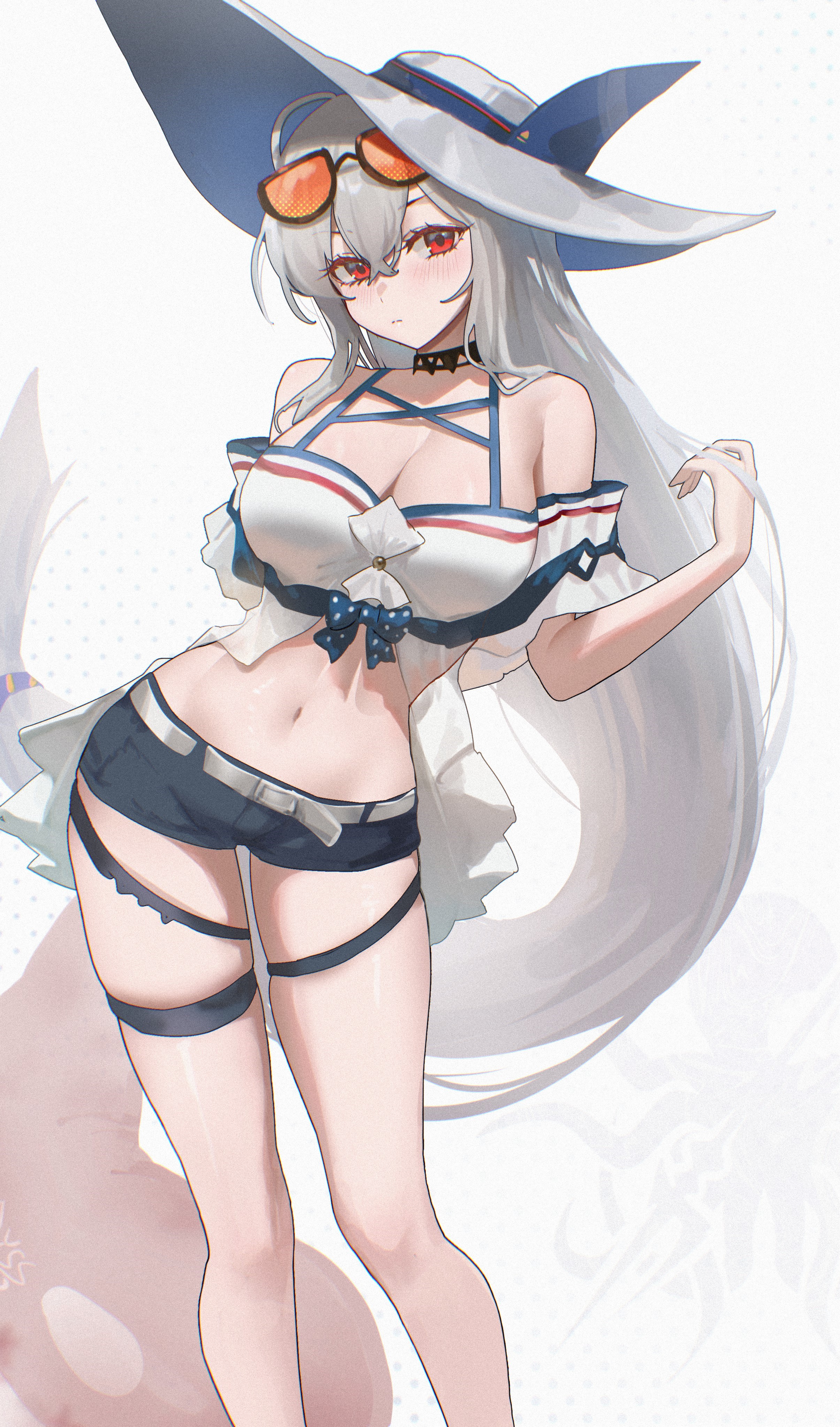 uof, weedy (arknights), arknights, absurdres, highres, 1girl, bare shoulders, bikini, bikini top only, black shorts, blush, breasts, cleavage, closed mouth, eyewear on head, grey hair, grey hat, hair between eyes, hat, large breasts, long hair, looking at viewer, off-shoulder bikini, off shoulder, orange-tinted eyewear, red hair, short shorts, shorts, sidelocks, solo, sun hat, swimsuit, thigh strap, tinted eyewear, white bikini