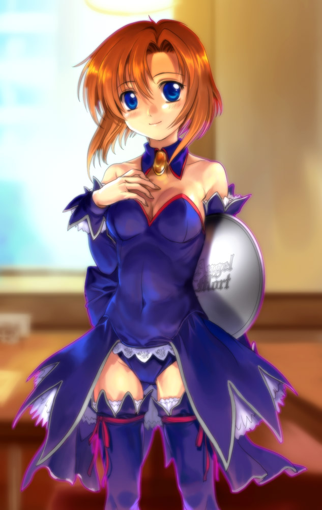 mutsuki (moonknives), ryukishi07, ryuuguu rena, higurashi no naku koro ni, 00s, 1girl, angel mort, blue eyes, breasts, cleavage, detached collar, female focus, halo, navel, solo, thighhighs, waitress