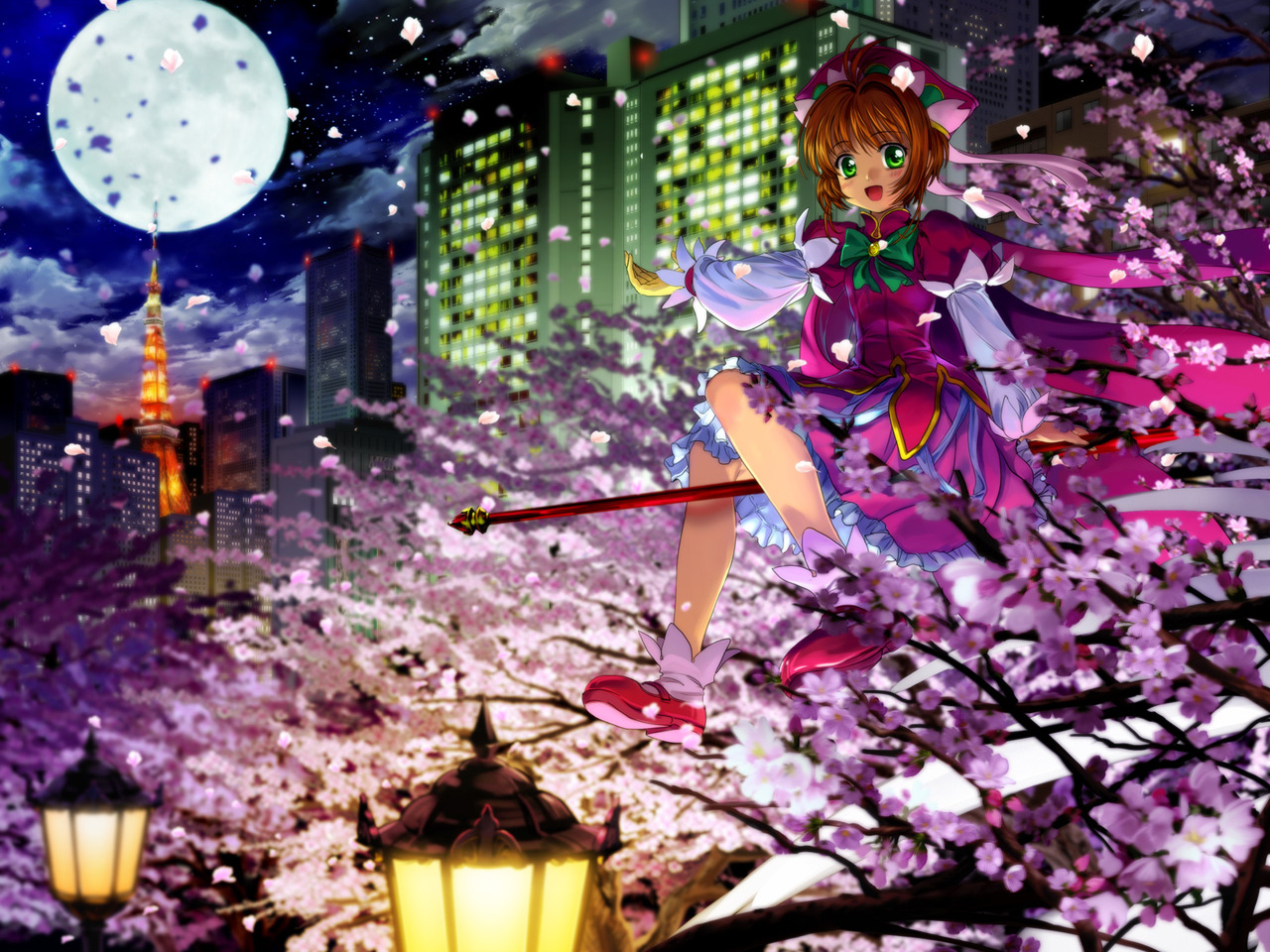 mutsuki (moonknives), kinomoto sakura, cardcaptor sakura, kodansha, 1990s (style), 1girl, brown hair, cherry blossoms, child, female focus, full moon, fuuin no tsue, green eyes, magical girl, moon, name connection, object namesake, retro artstyle, solo, tokyo tower