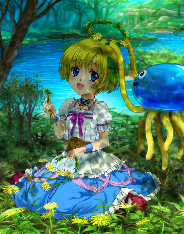 mutsuki (moonknives), healslime, hero's daughter (dq5), dragon quest, dragon quest v, 1girl, :d, blonde hair, blue eyes, blue theme, blush, bob cut, bow, child, corset, dandelion, dappled sunlight, dress, female focus, flat chest, flower, flying, forest, frills, hair bow, happy, head wreath, jellyfish, jewelry, mary janes, nature, necklace, on ground, open mouth, outdoors, ribbon, rose, shade, shoes, short hair, sitting, smile, socks, solo, sunlight, tentacles, tree, tree shade, wariza, water, wristband