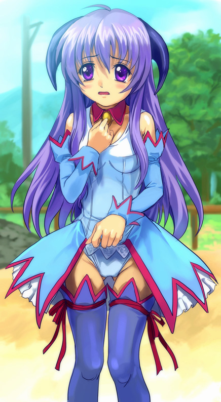 mutsuki (moonknives), ryukishi07, hanyuu, higurashi no naku koro ni, 00s, angel mort, detached collar, horns, solo, thighhighs, waitress