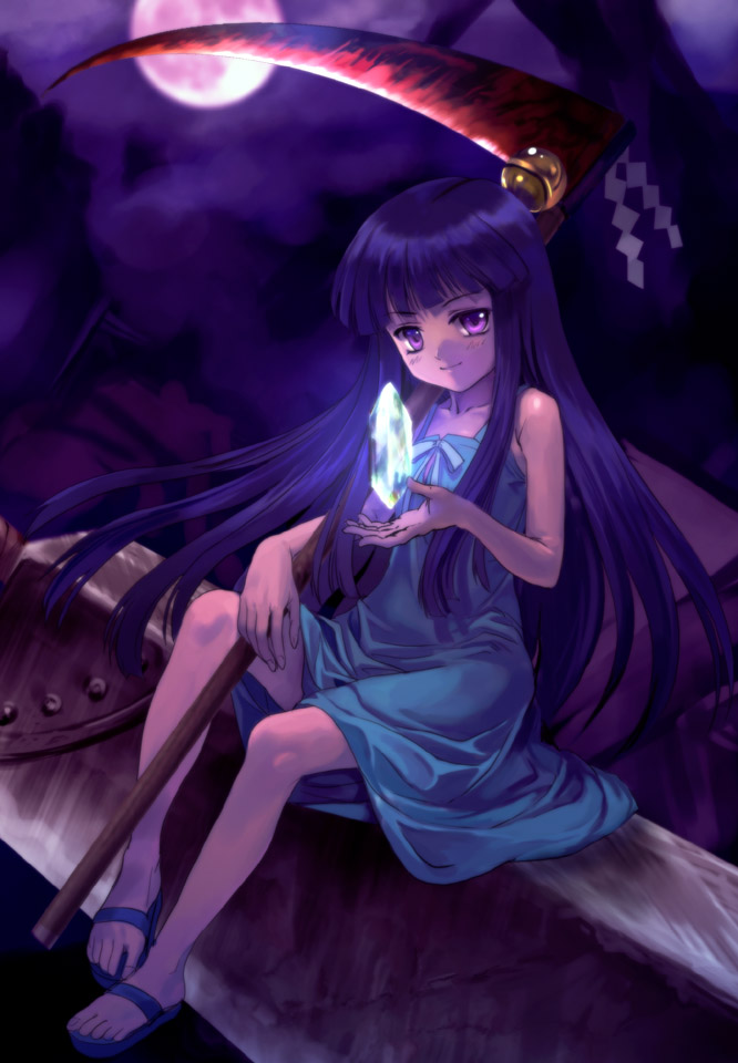 mutsuki (moonknives), ryukishi07, furude rika, higurashi no naku koro ni, 00s, blue hair, long hair, sandals, scythe, solo, weapon
