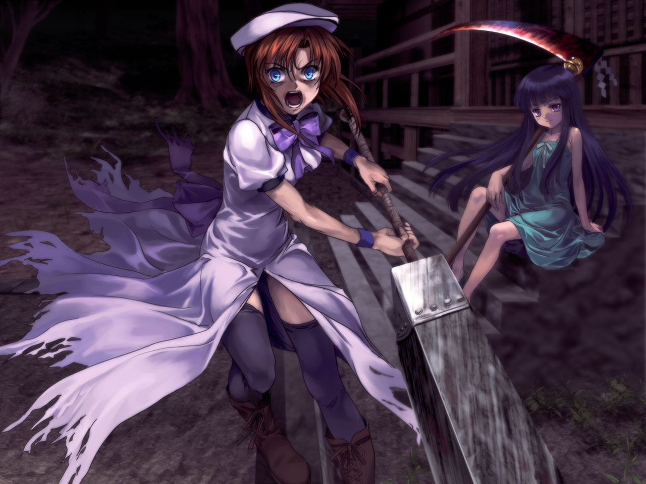 mutsuki (moonknives), ryukishi07, furude rika, ryuuguu rena, higurashi no naku koro ni, 00s, crazy eyes, scythe, shrine, sword, thighhighs, weapon