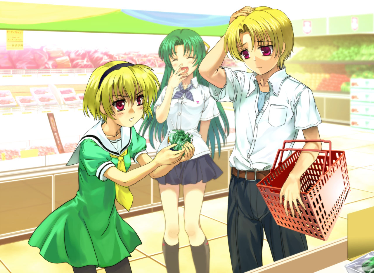 mutsuki (moonknives), ryukishi07, houjou satoko, houjou satoshi, sonozaki shion, higurashi no naku koro ni, 00s, 1boy, 2girls, blonde hair, green hair, groceries, hairband, multiple girls, pantyhose, red eyes, school uniform, serafuku, shop, shopping, shopping basket, supermarket