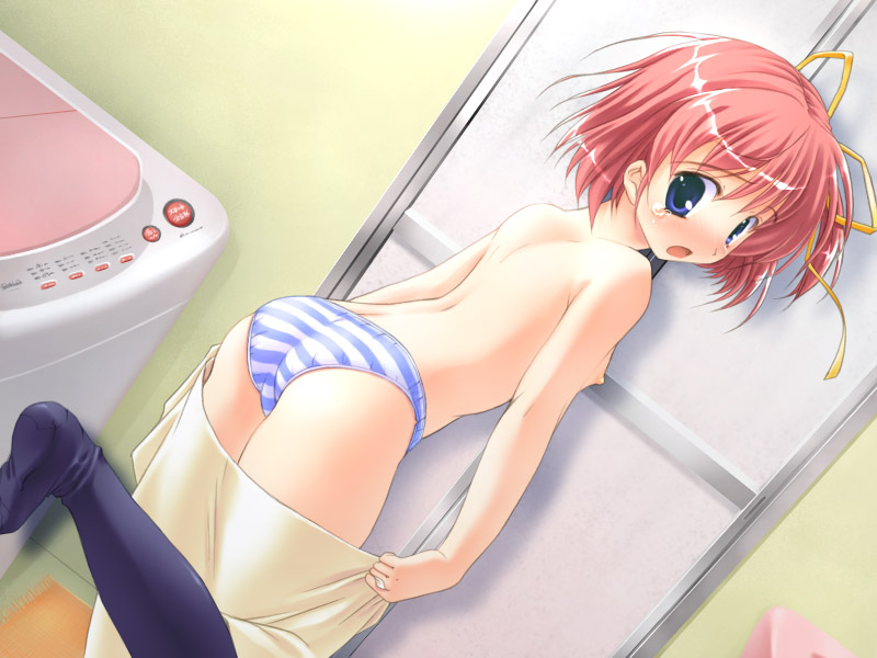 mikeou, kawahara touka, konneko, game cg, 1girl, ass, blue eyes, female focus, flat chest, hair ribbon, loli, nipples, open mouth, panties, pink hair, ribbon, short hair, solo, striped clothes, striped panties, tears, top-load washing machine, topless female, underwear, underwear only, washing machine