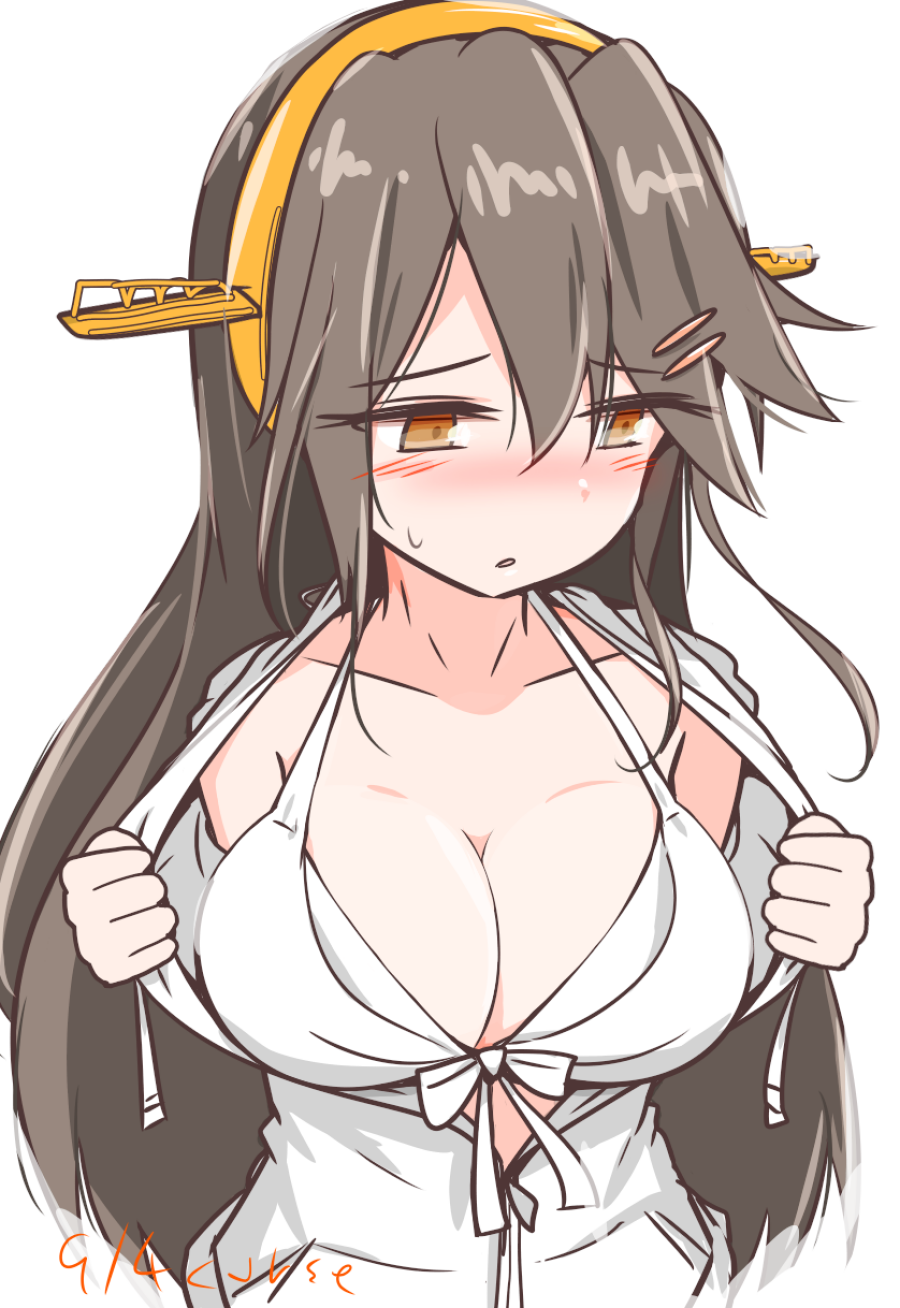 curse (023), haruna (2016 swimsuit) (kancolle), haruna (kancolle), kantai collection, highres, artist name, bikini, black hair, breasts, brown eyes, cleavage, dated, front-tie bikini top, front-tie top, hair between eyes, hair ornament, hairclip, headgear, large breasts, long hair, looking to the side, simple background, swimsuit, upper body, white background, white bikini
